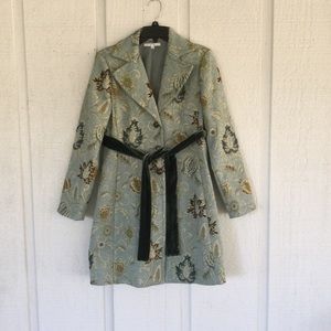 CAbi Embroidered Trench Coat with Velvet Belt - Blue and Brown